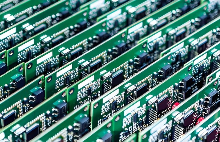 Rows of green printed circuit boards with various electronic components arranged in a grid pattern.