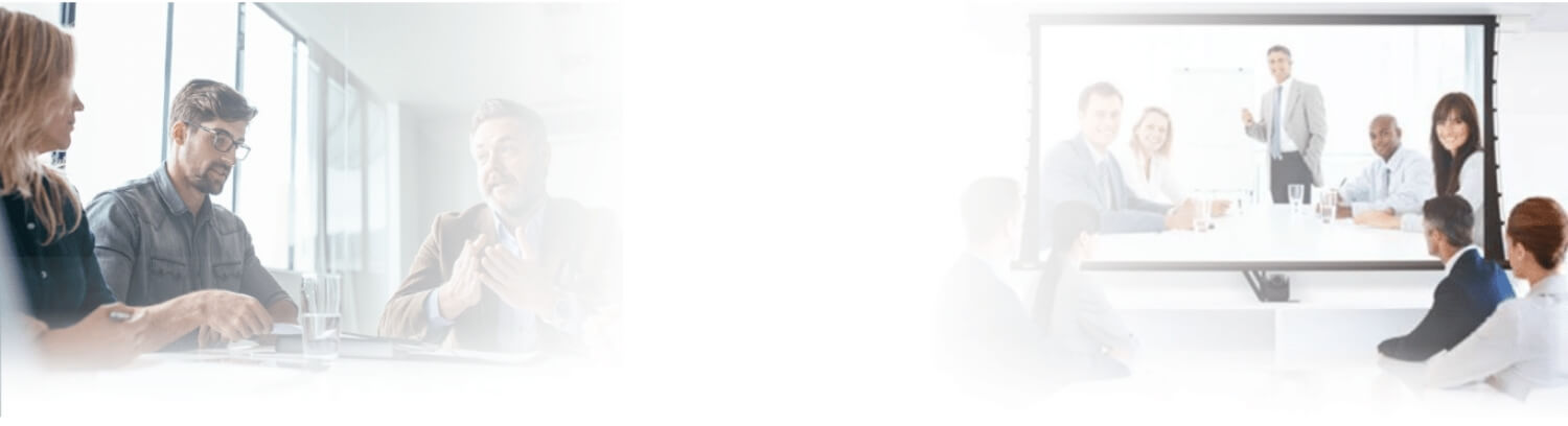 A banner image showing a group of business professionals sitting in a meeting on the left, and a video conference call presentation displayed on a screen on the right against a faded white background.