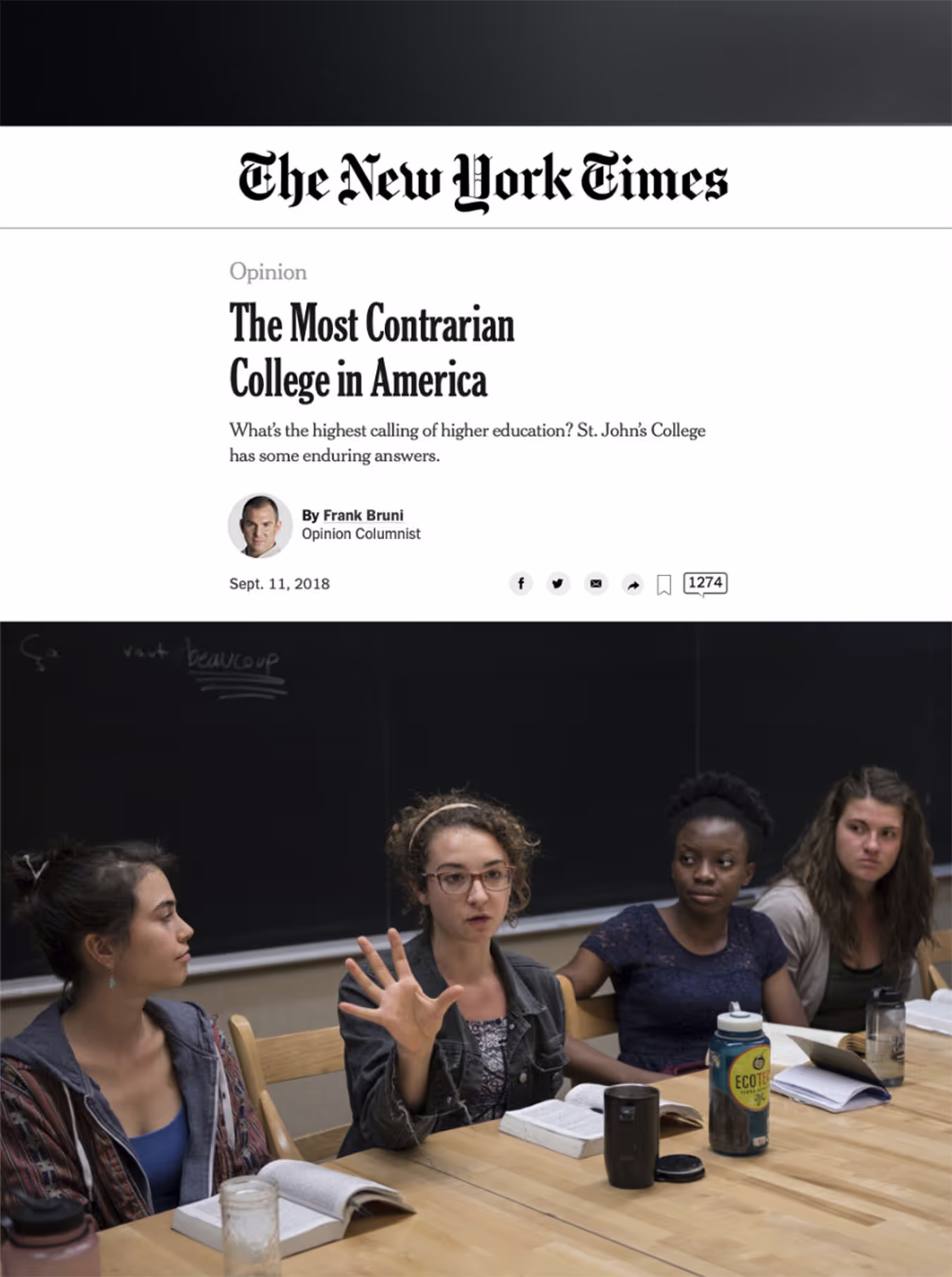 Coverage by Frank Bruni in The New York Times