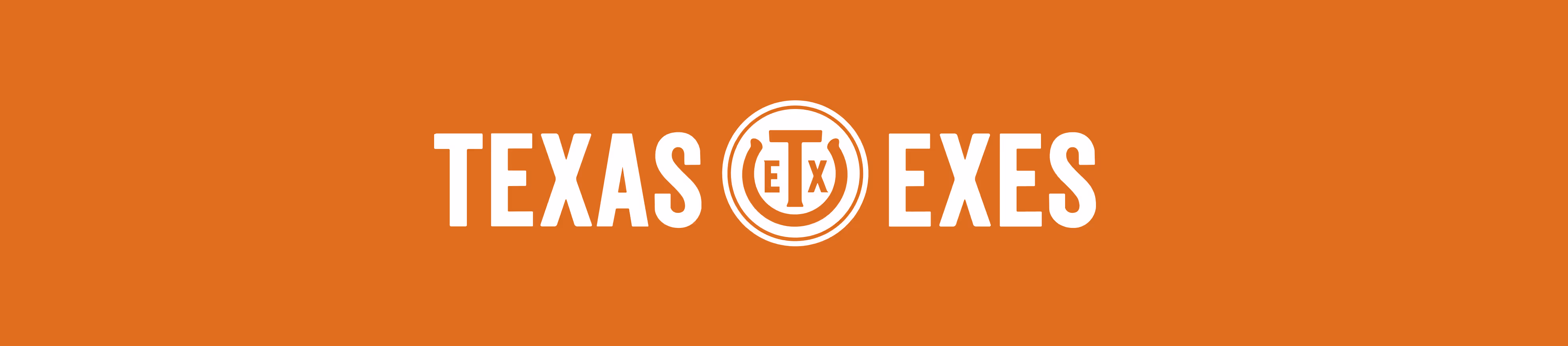 White Texas Exes logo on orange color flood.