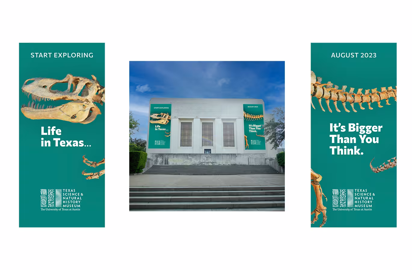 Custom building banners designed to hang across the front of the Museum.