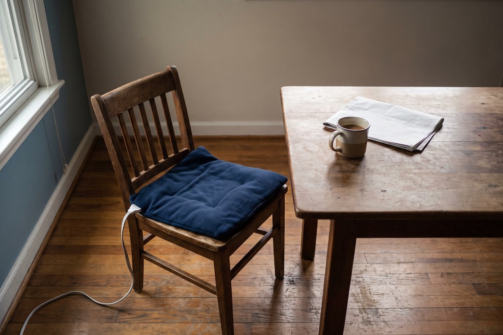 A worn kitchen chair pushed back from a table with a heating pad draped over the seat