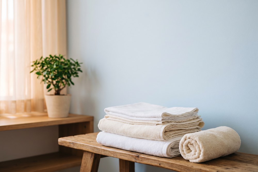 Folded clean linens stacked on a bench in a quiet treatment room