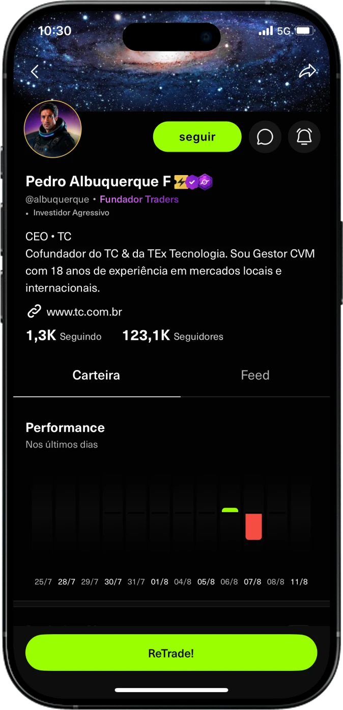 Print da tela de um celular com o perfil do Buka no app da Traders.