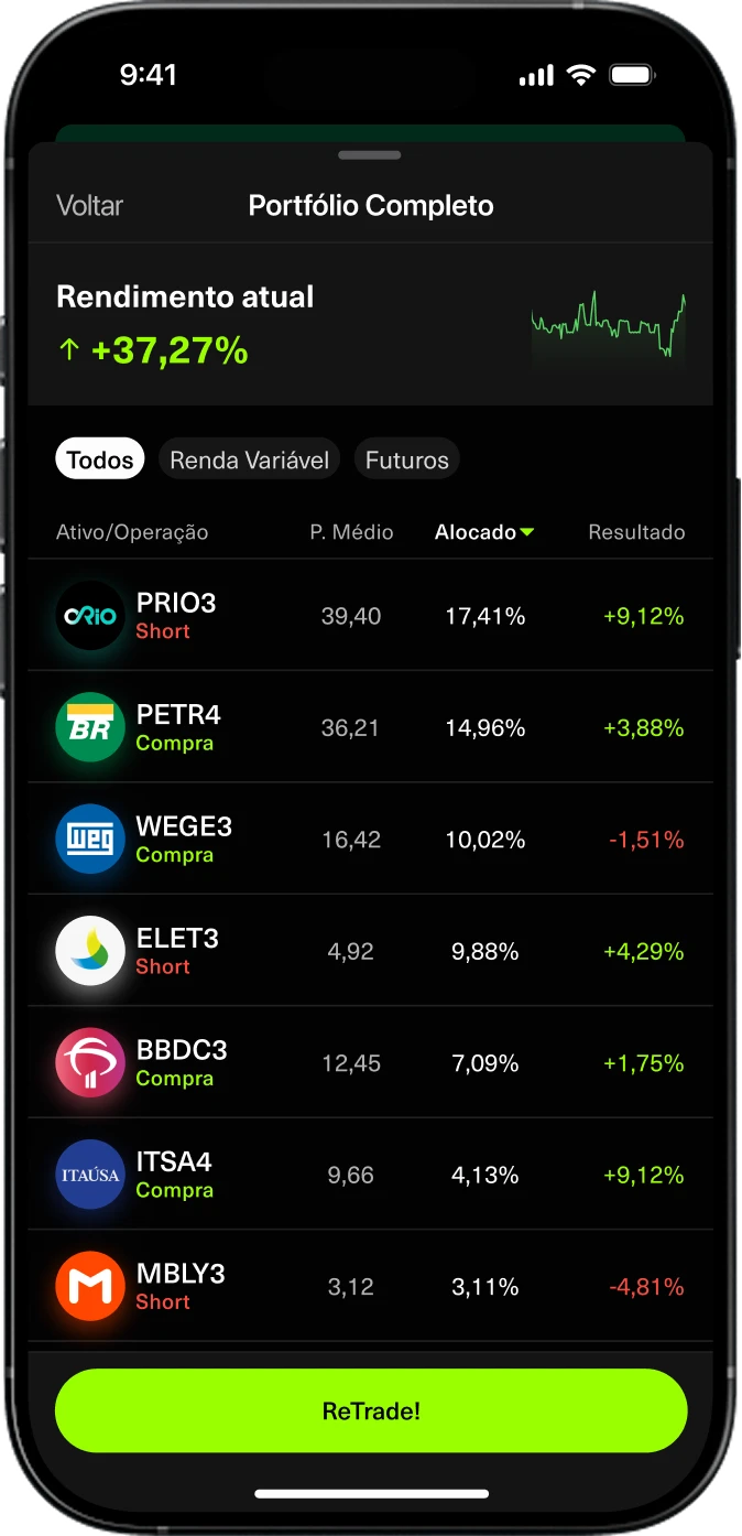Imagem de um celular mostrando acesso a carteiras de investimentos de contribuidores na Traders