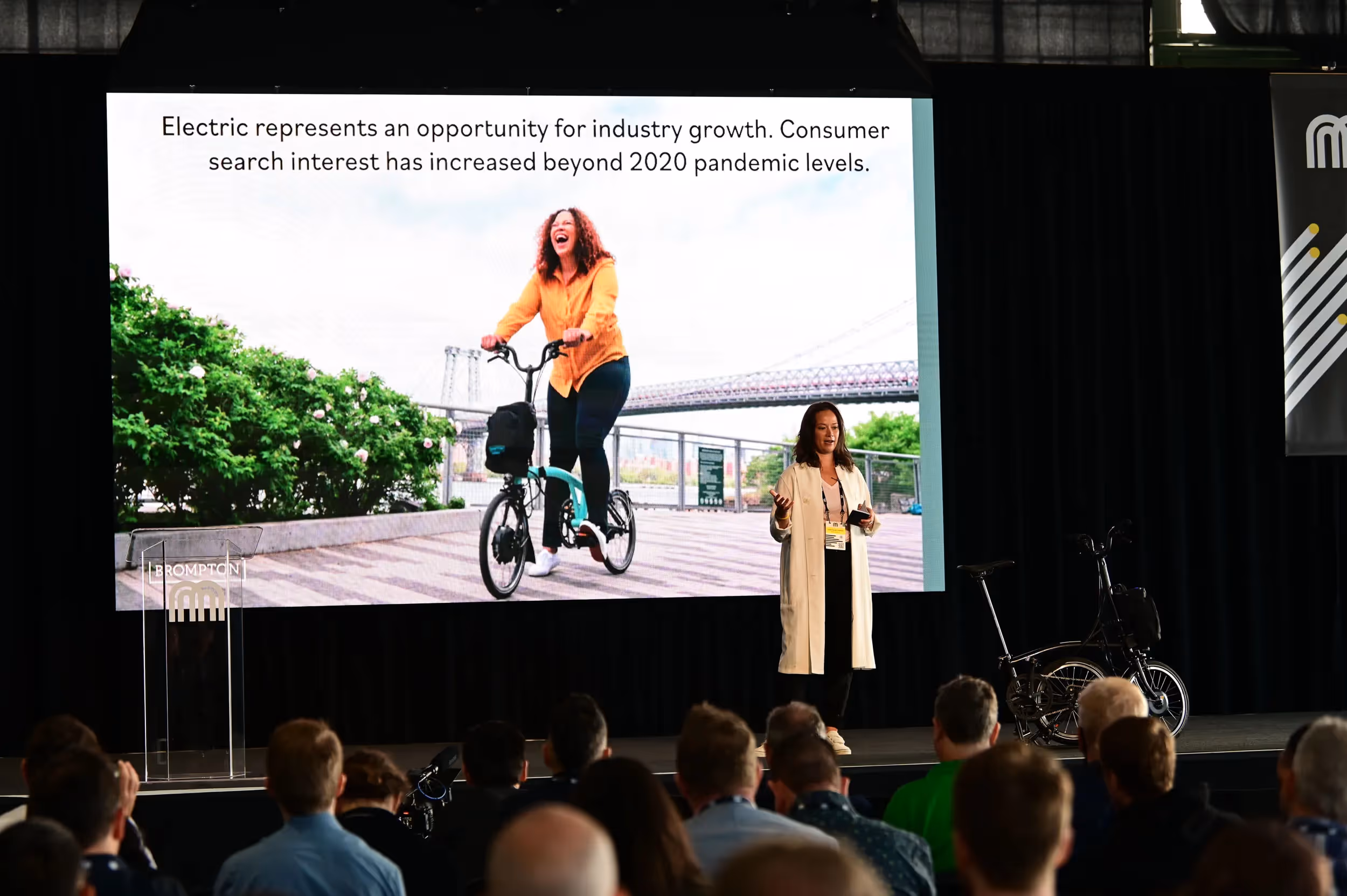 Juliet Scott-Croxford, President, North America, Brompton Bicycle launches the Electric P Line during the Ride Review event at Micromobility America 2022