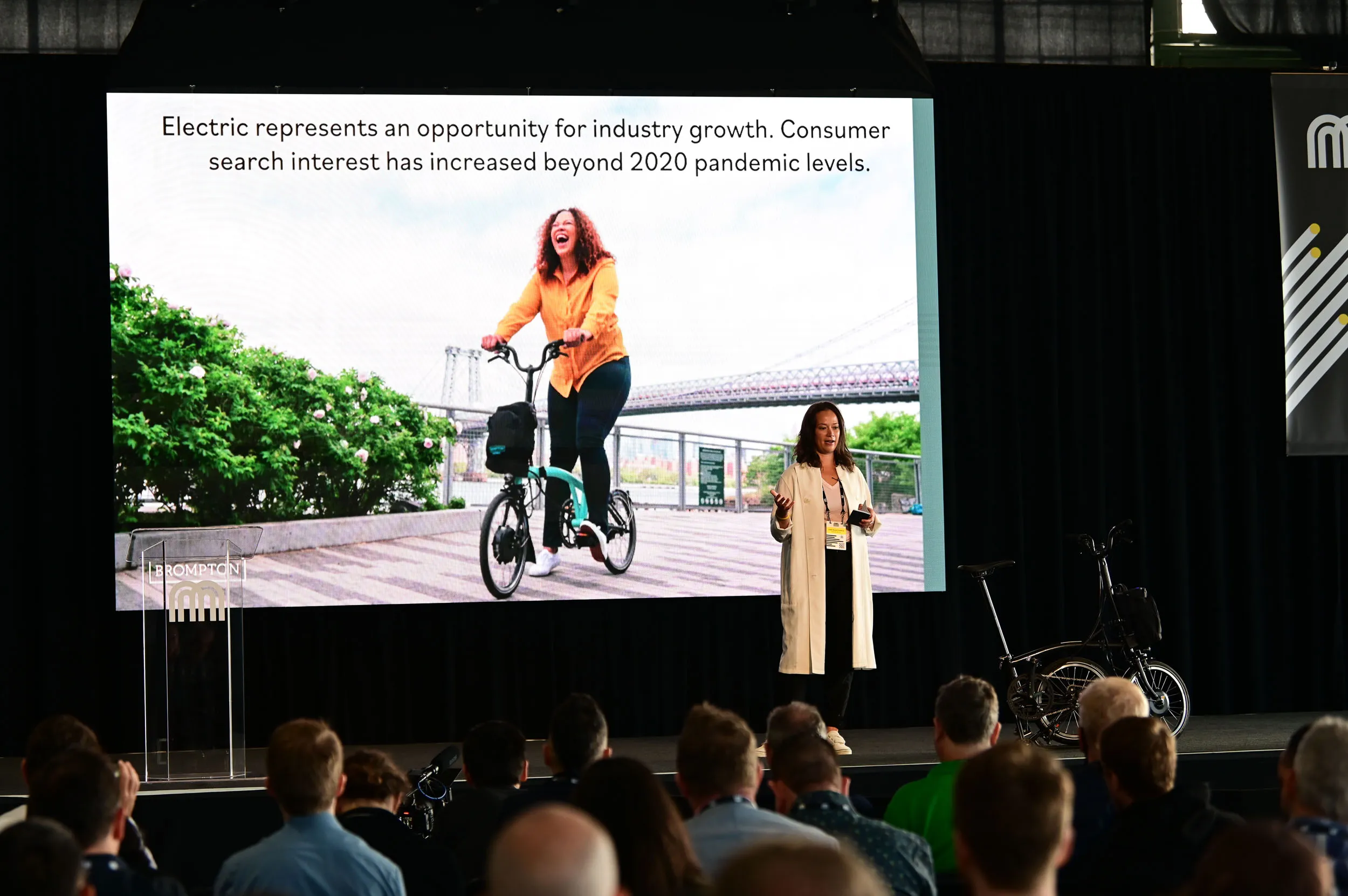 Juliet Scott-Croxford, President, North America, Brompton Bicycle launches the Electric P Line during the Ride Review event at Micromobility America 2022