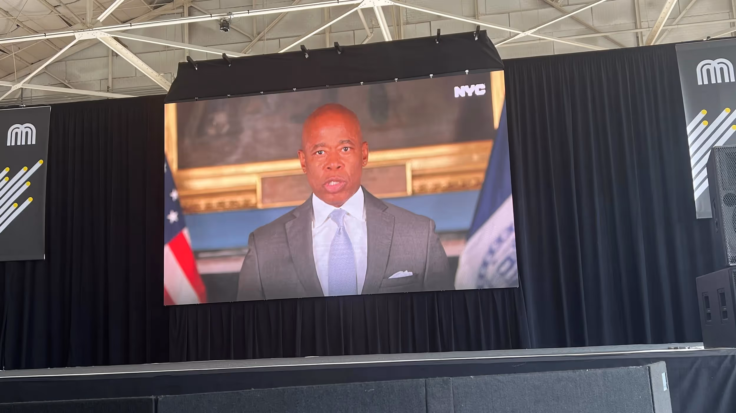 Mayor of New York City, Eric Adams gives a remote keynote address at Micromobility America 2022