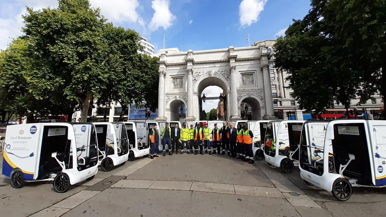 Fleet of electric street cleaner quadricycles in Westminster, London, UK