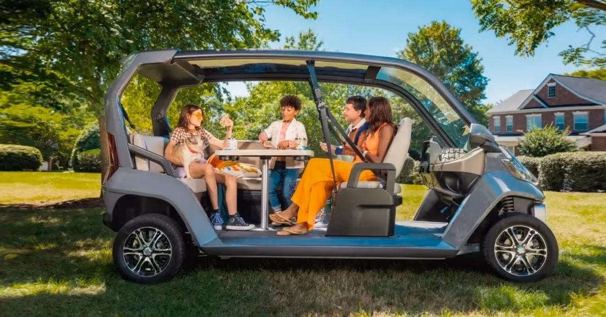 New Club Car Cru is an electric golf car with living room seating