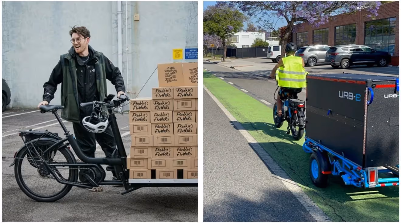 Two images side-by-side. In the left image, a person is next to a large palette of carboard boxes. In the right image, someone is actively biking in a green protected bike route with a large black box towed behind the bike.
