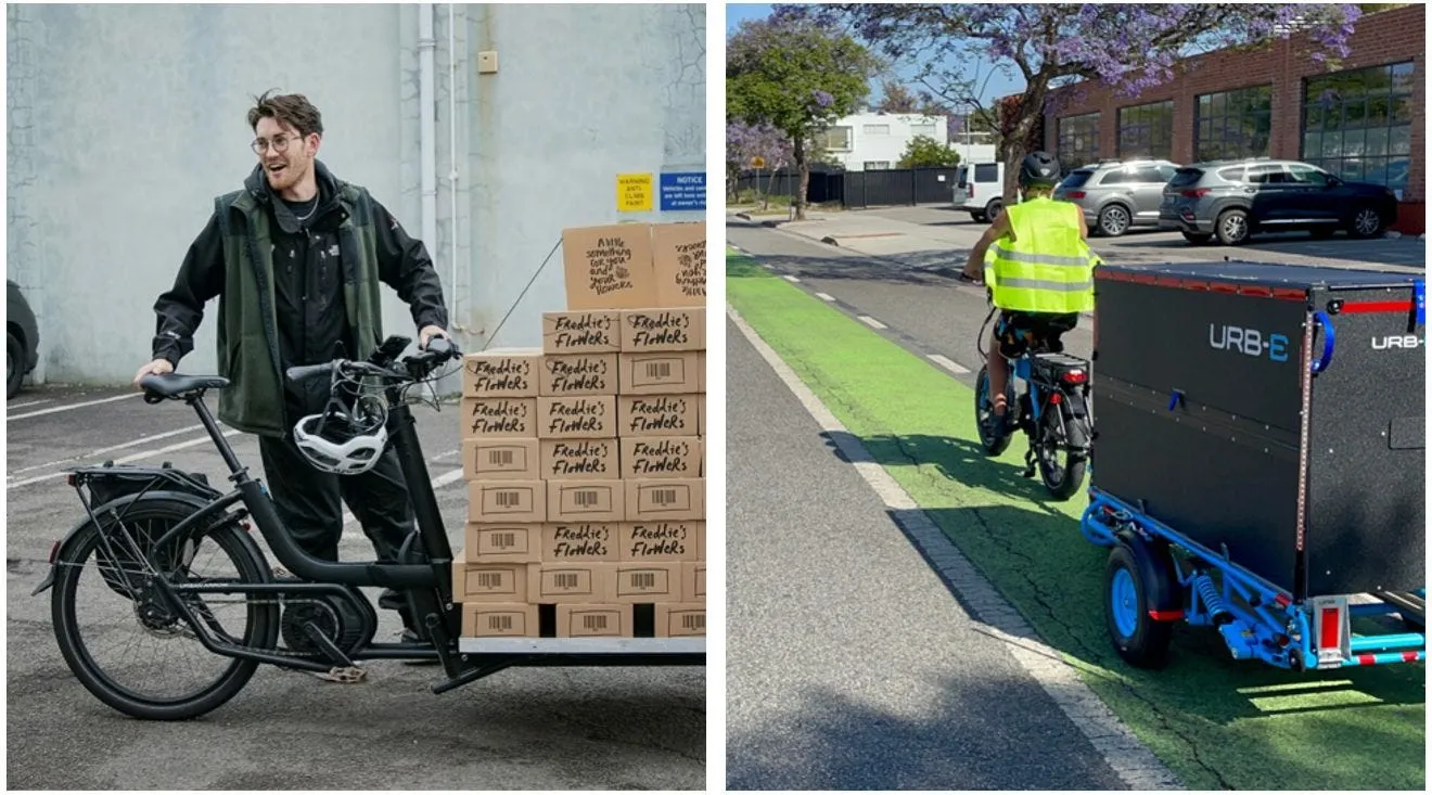Two images side-by-side. In the left image, a person is next to a large palette of carboard boxes. In the right image, someone is actively biking in a green protected bike route with a large black box towed behind the bike.