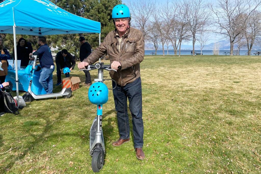 Penticton Mayor Julius Bloomfield gears up to test a Bird Canada electric scooter inside Marina Way Park on March 27, 2026. (Logan Lockhart/Western News)