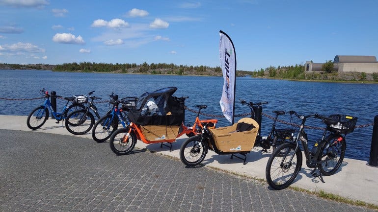 A fleet of Shift bicycles ready for participants at Somba K'e Park in Yellowknife
