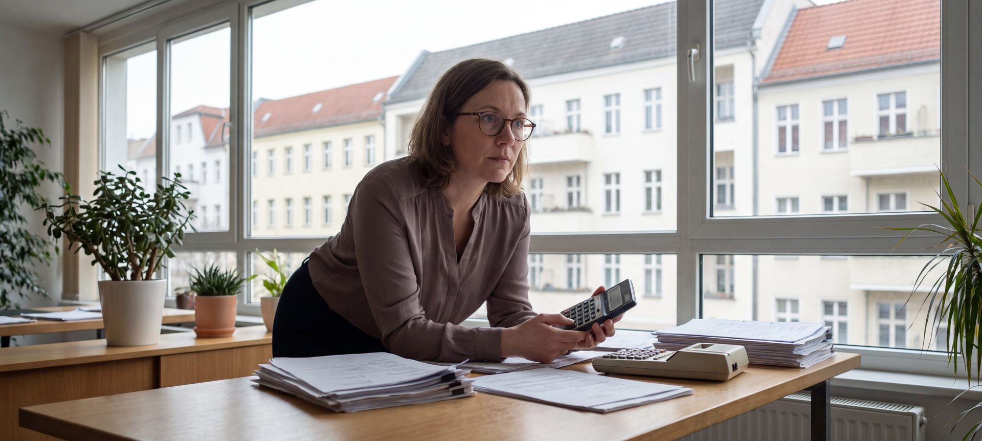 Immobilienverwalterin berechnet die zulässige Miete vor einer Reihe städtischer Wohnhäuser
