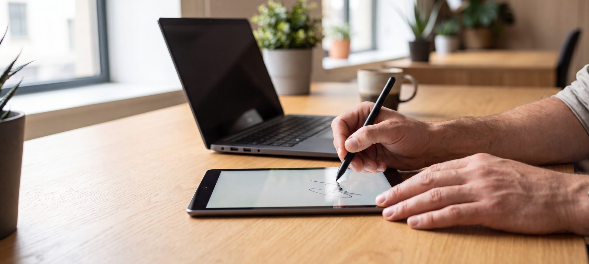 Mietvertrag wird digital mit einem Stift auf einem Tablet unterschrieben