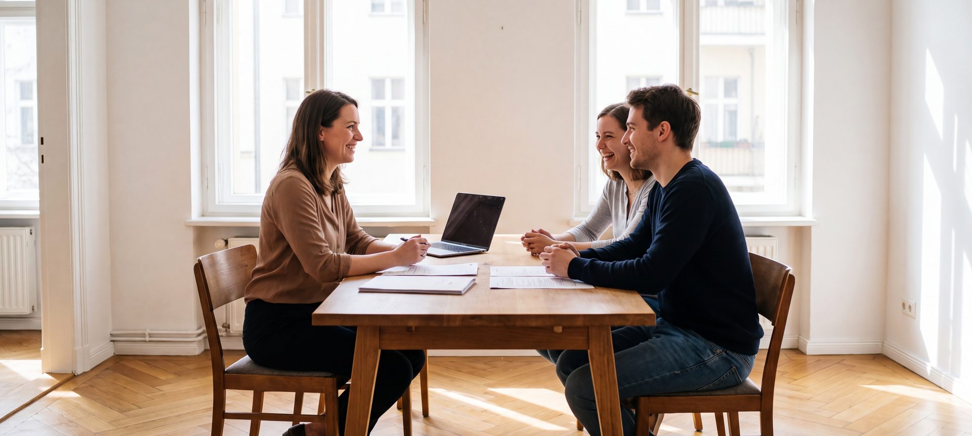 Vermietungsberaterin im Gespräch mit einem Mietinteressenten-Paar in einer leeren Wohnung
