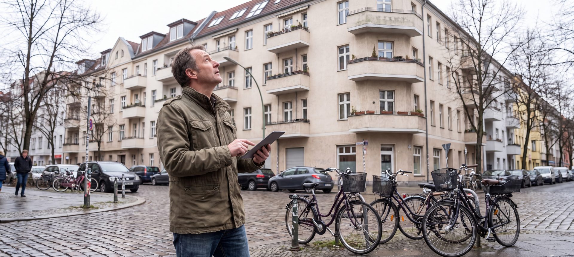 Immobilienverwalter erfasst Gebäudedaten vor einem Mehrfamilienhaus mit dem Tablet