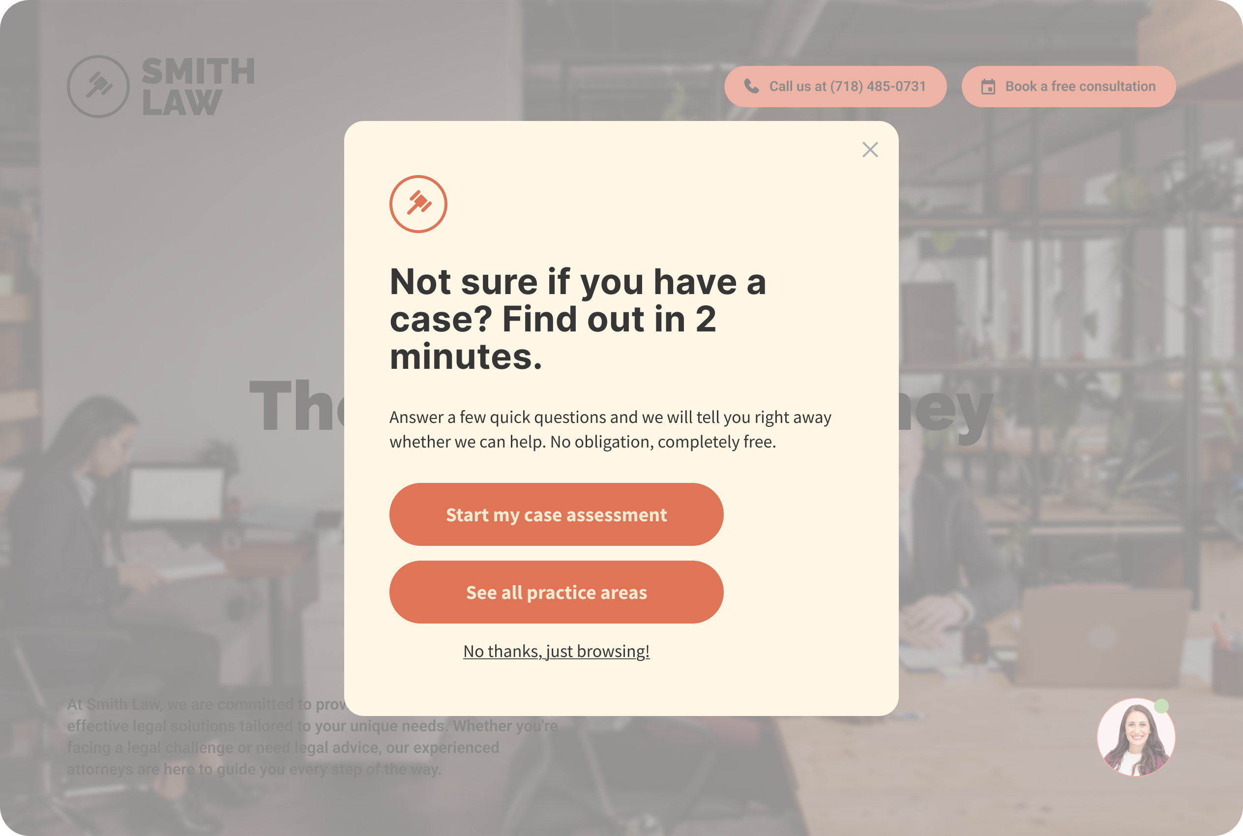 Pop Ups overlays on a law firm's website to increase conversions through navigational intelligence
