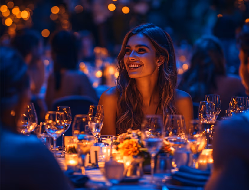 A picture of smiling people on a dining table