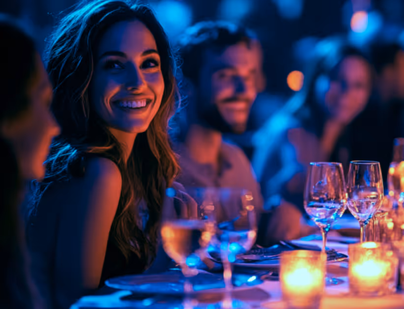 A picture of smiling people on a dining table