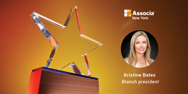 Promotional graphic featuring a star-shaped award trophy alongside a professional headshot of Kristine Bates with text announcing her as branch president of Associa New York.