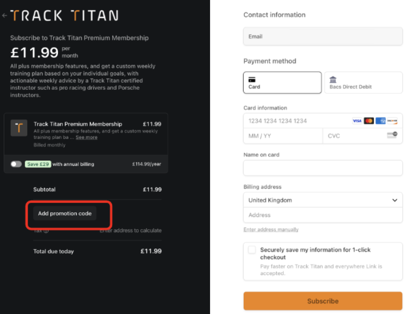 add promotion code on Track Titan payment page