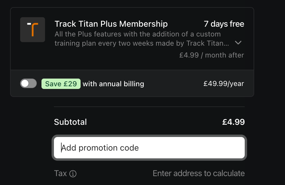 add promotion code on Track Titan payment page