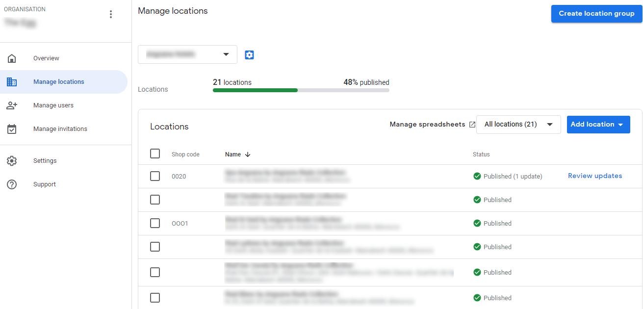 screenshot eines google my business dashboards für ein unternehmen mit mehreren standorten