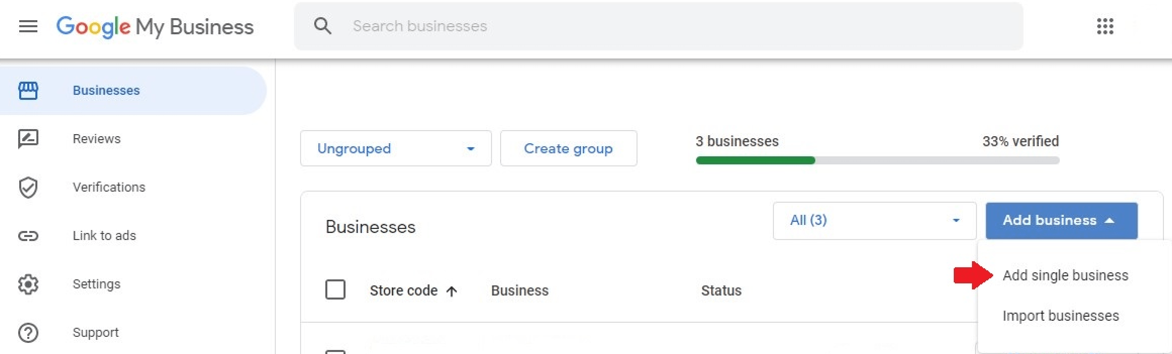 screenshot of a dropdown menu for adding business