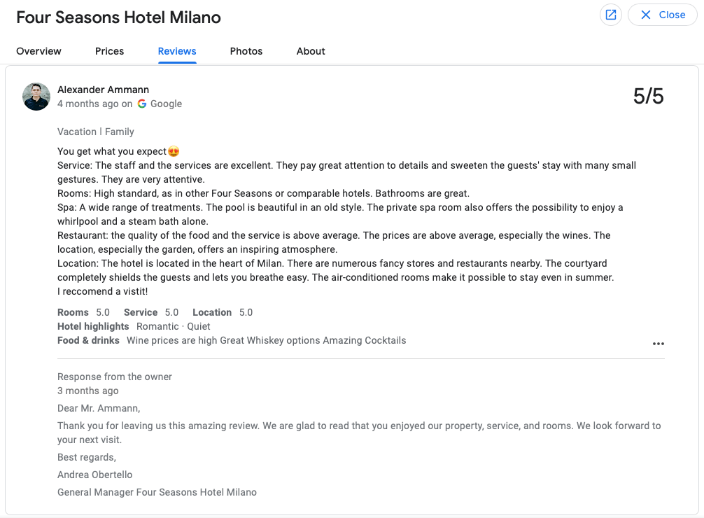 screenshot detailed google review hotel with reply