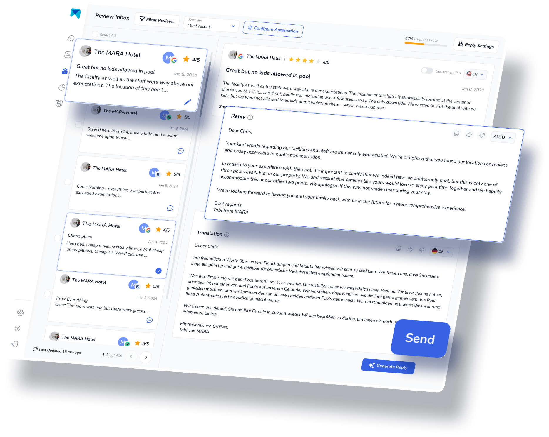 MARA AI Review Inbox screenshot