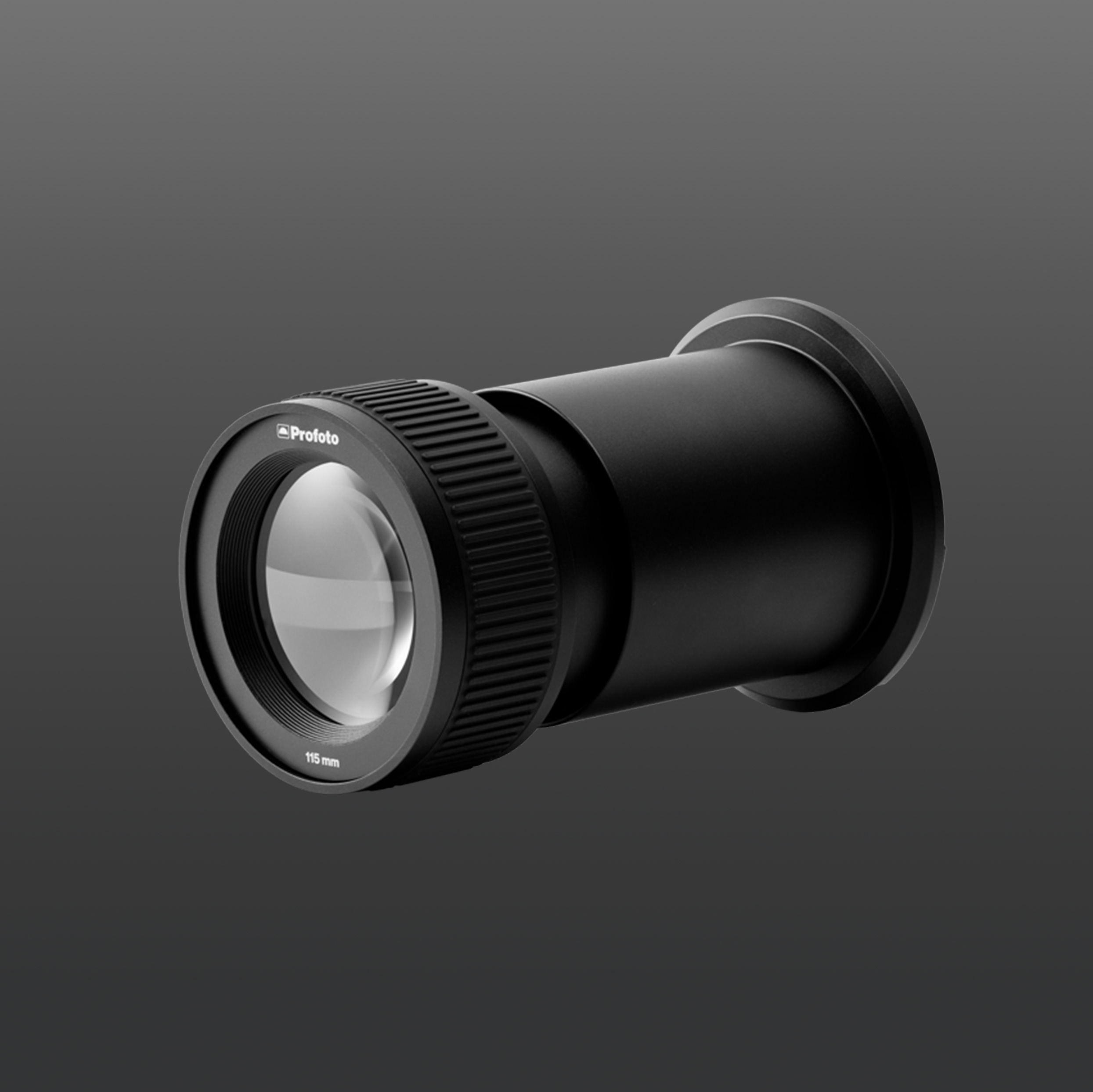 En produktbild på profotos objektiv med svart grå bakgrund
