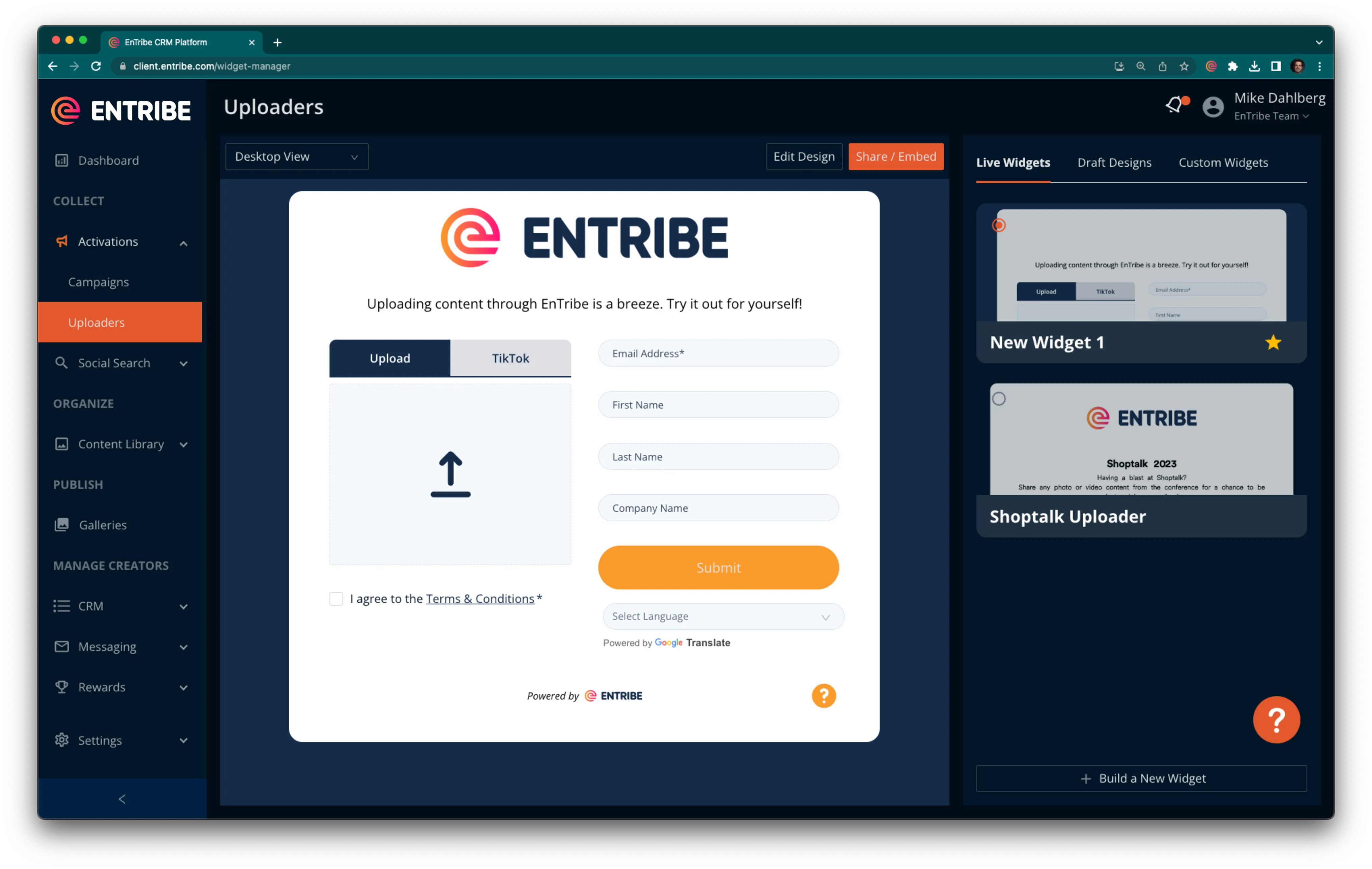 Screenshot of Uploader tab in the EnTribe Portal
