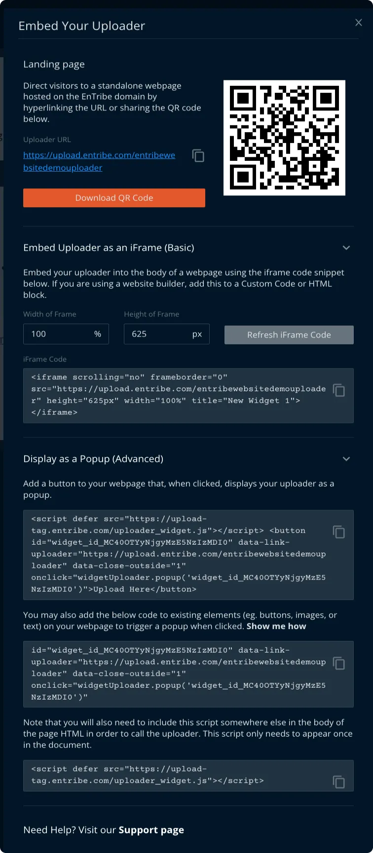 Screenshot of Uploader Embed modal