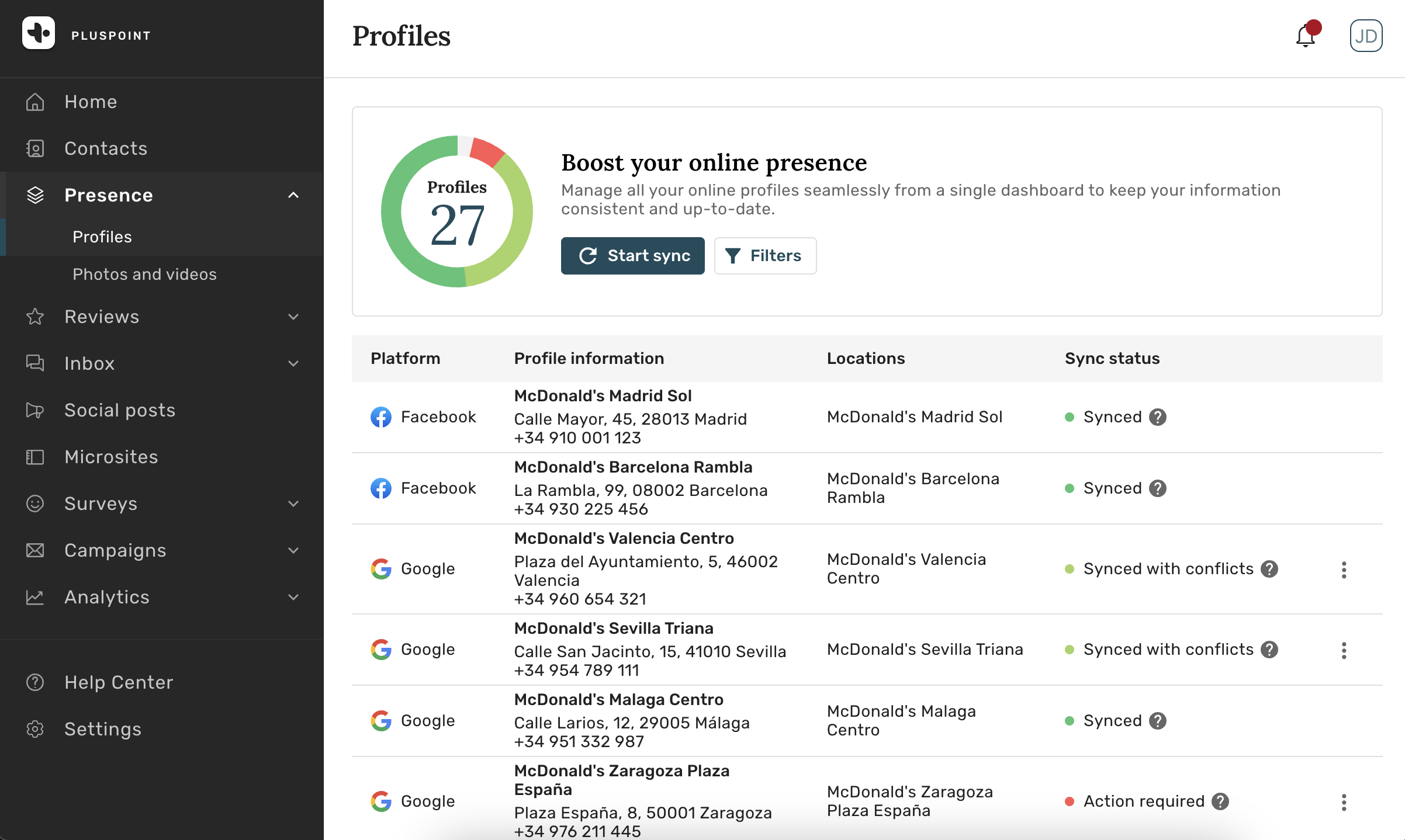 Screenshot of Pluspoint interface with profile synchronization options