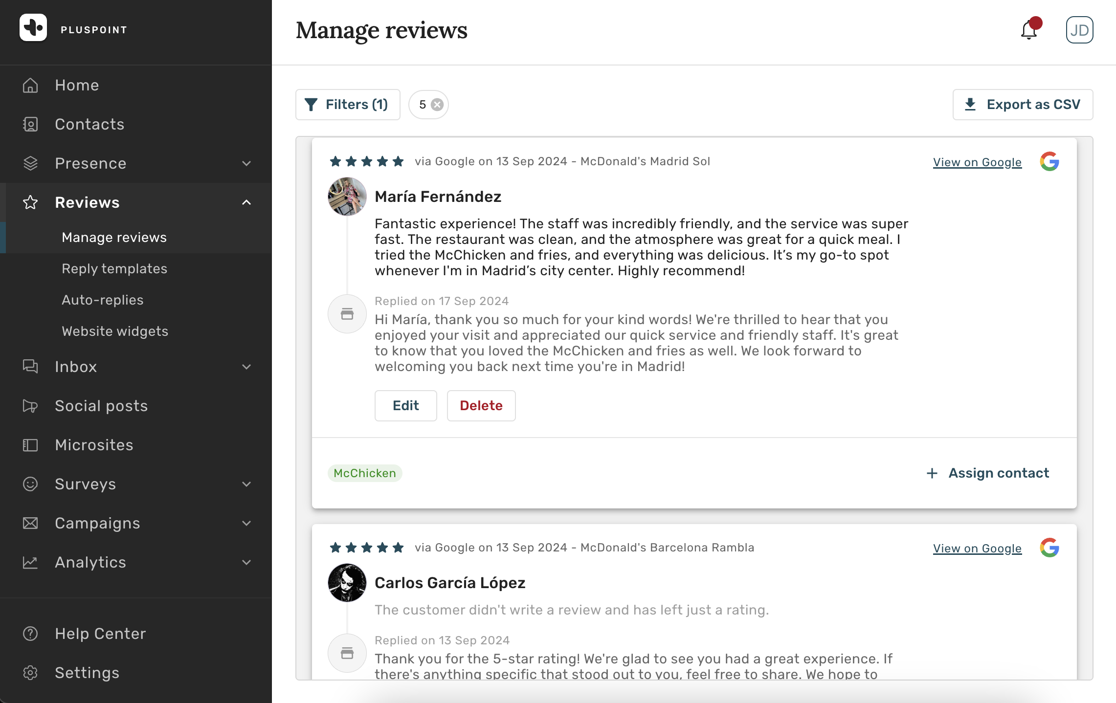Screenshot of Pluspoint review management dashboard with reply options