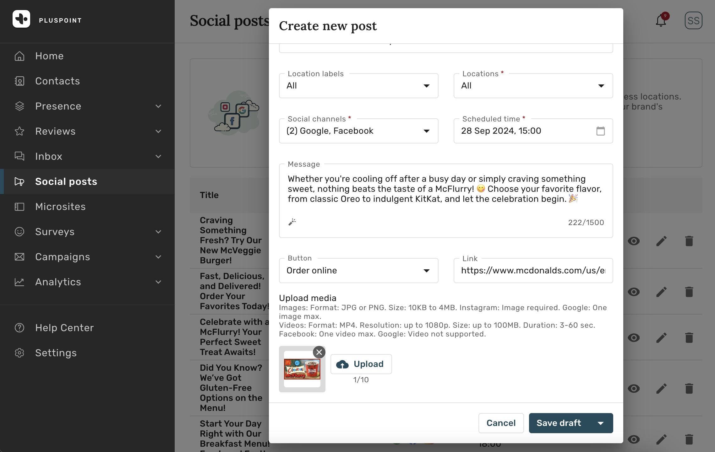 Screenshot of Pluspoint interface showing simultaneous posting to Google and Facebook