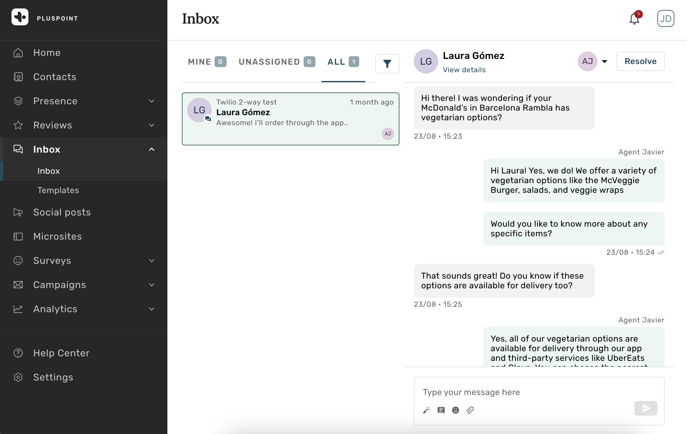 Screenshot of Pluspoint omni-channel inbox showing conversations across multiple platforms
