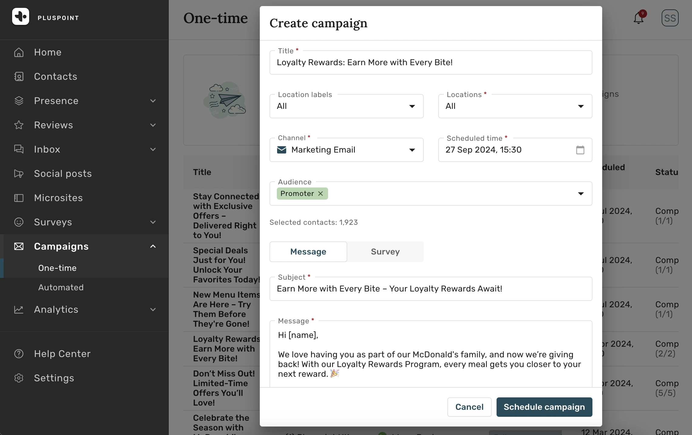 Screenshot of Pluspoint interface for creating and scheduling a blast campaign