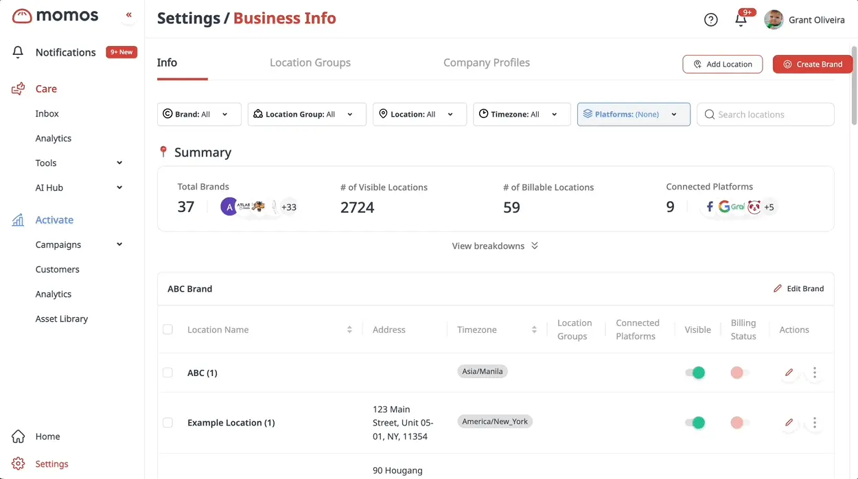 Screenshot of Momos interface showing business information settings