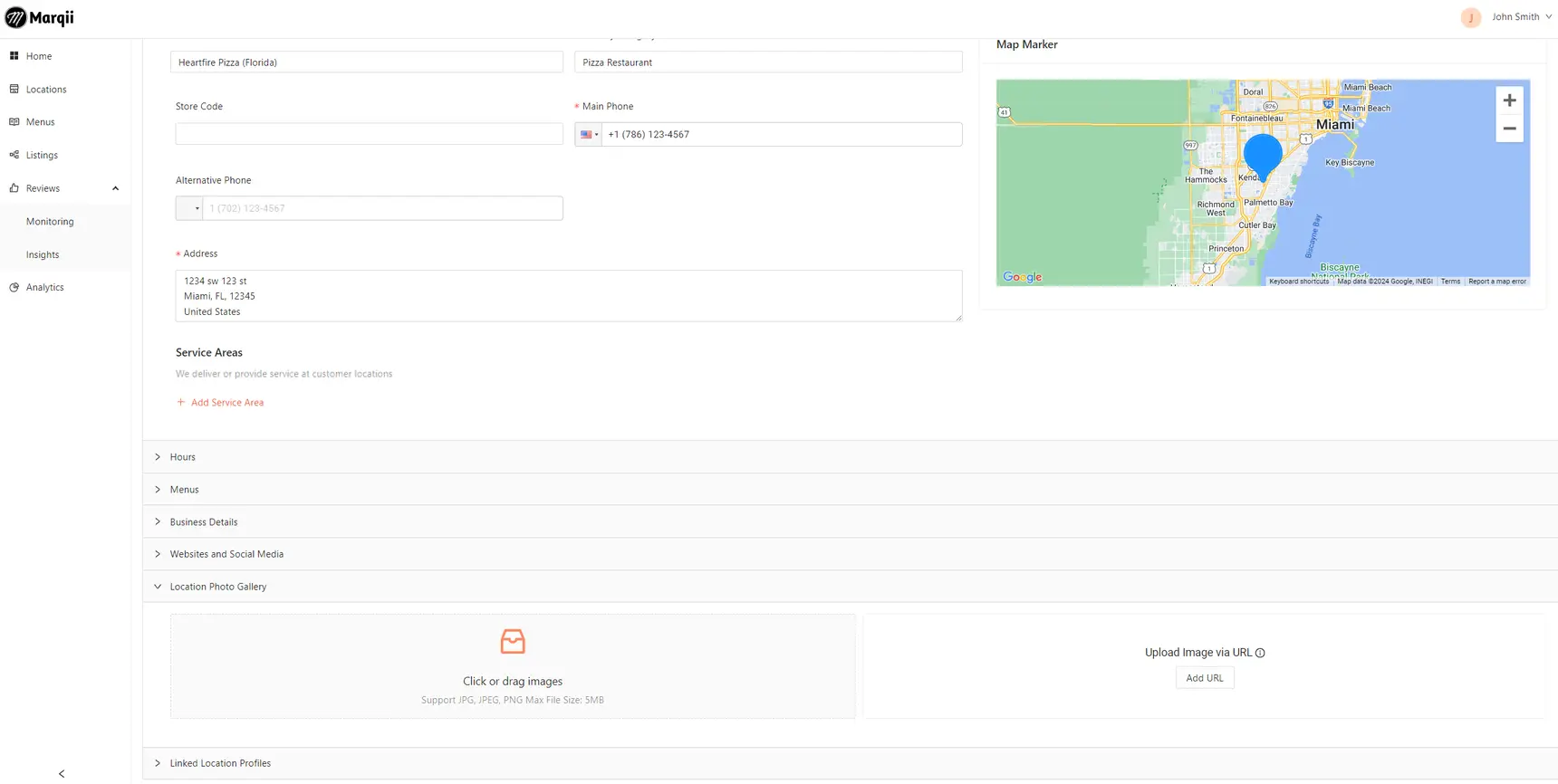 Screenshot of Marqii platform displaying business information settings