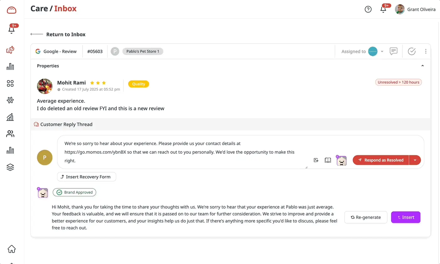 Screenshot of Momos review management with Google review and AI reply options