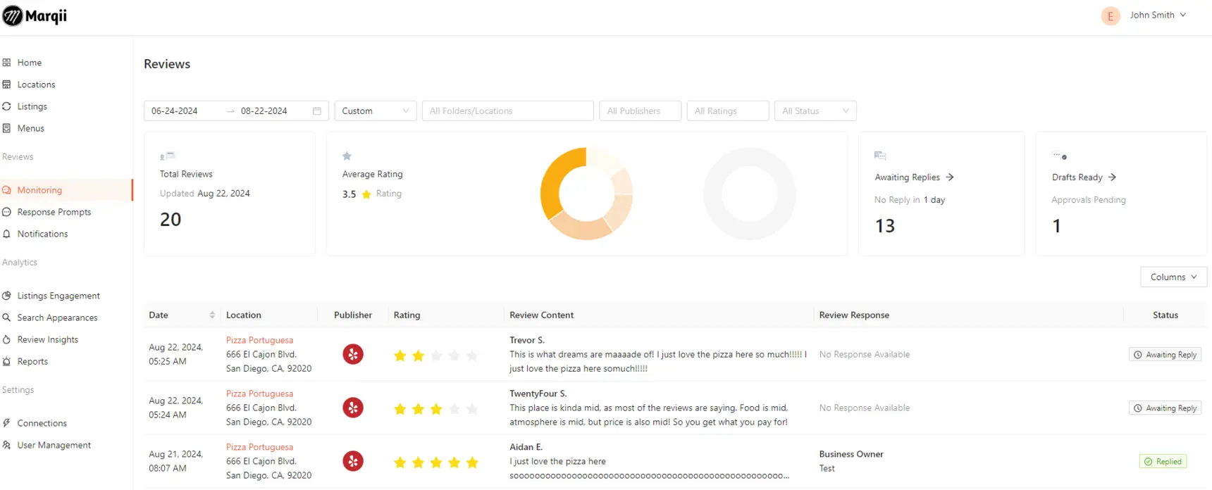Screenshot of Marqii interface displaying aggregated customer reviews