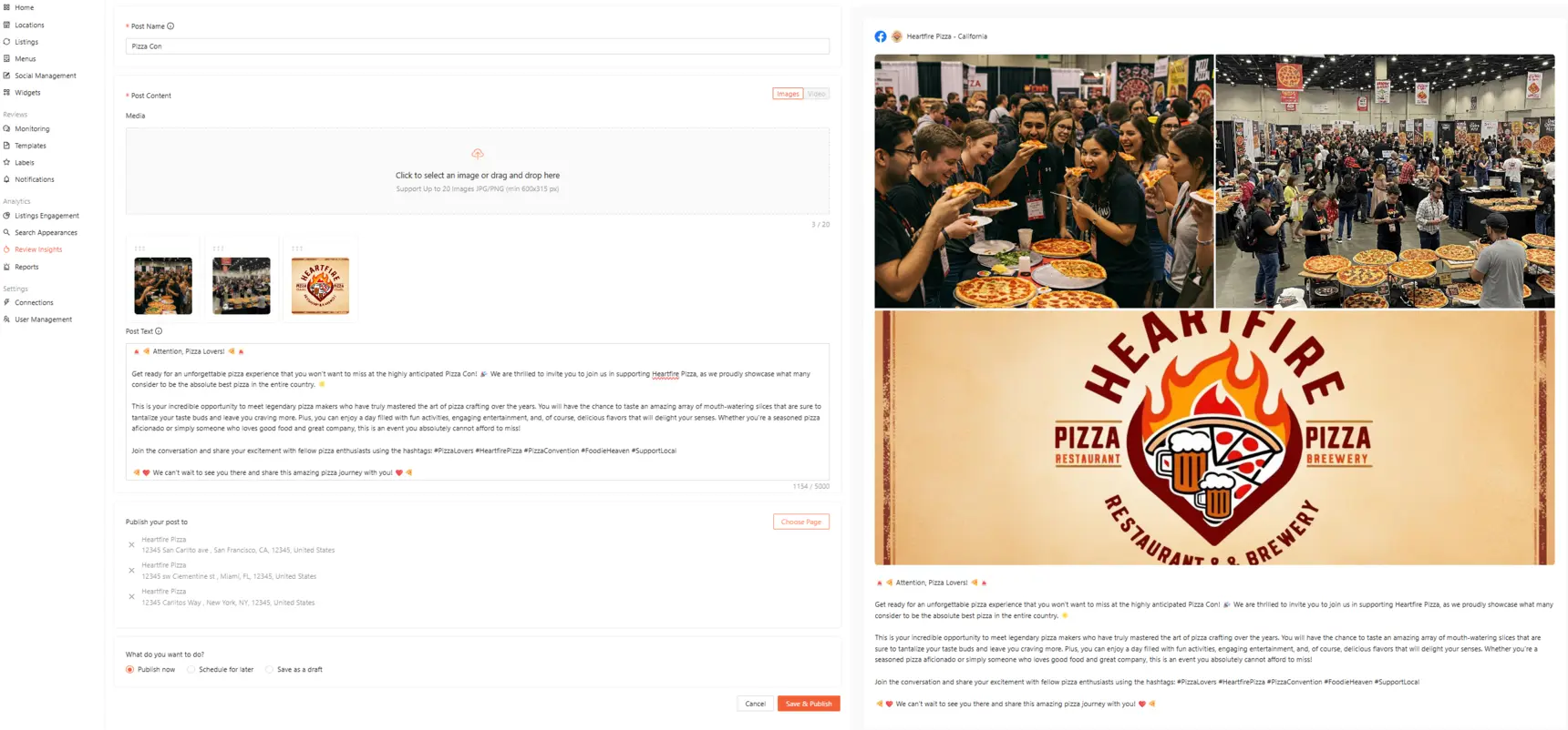 Screenshot of Marqii social posting interface with Facebook publishing options
