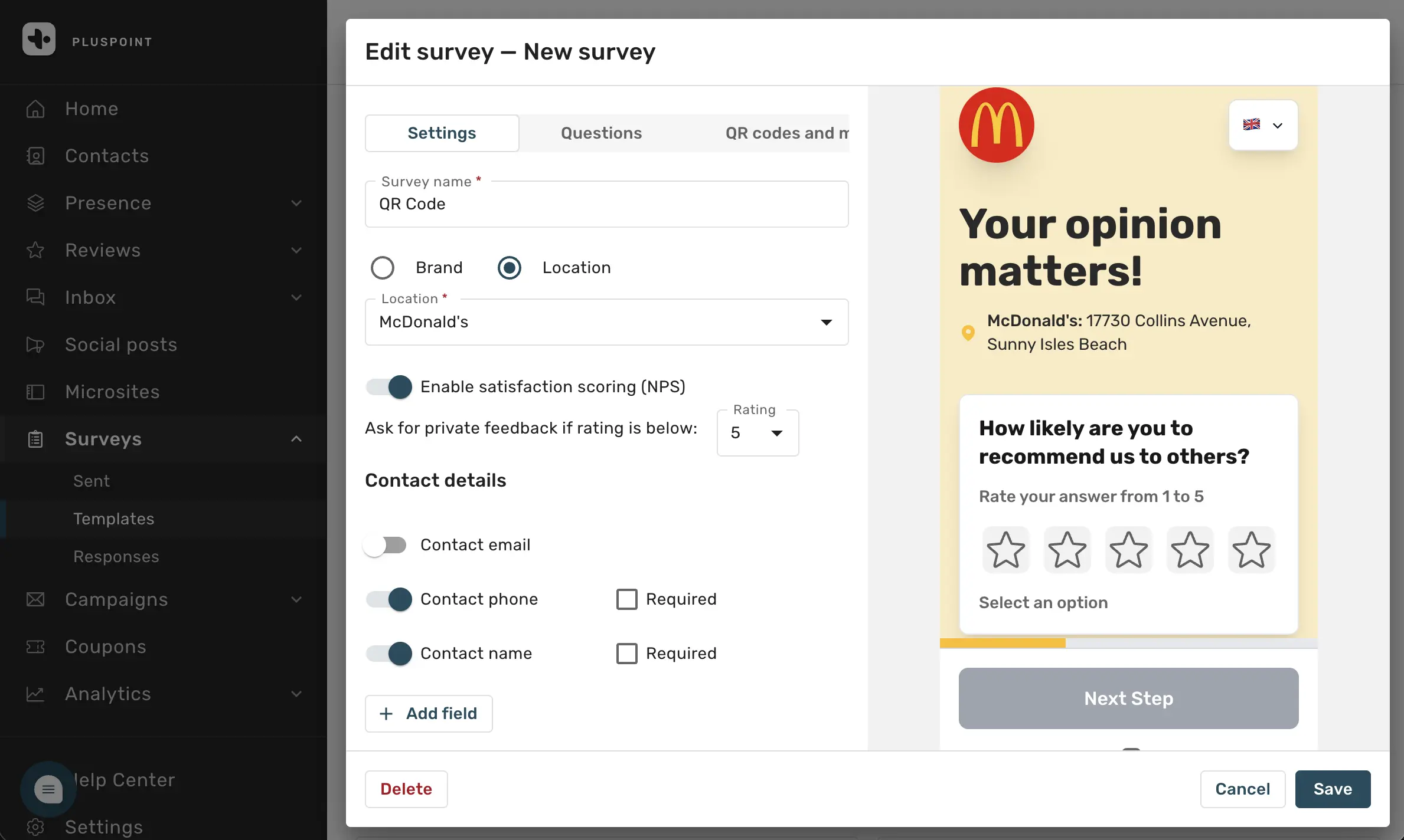 Screenshot of Pluspoint survey customization screen