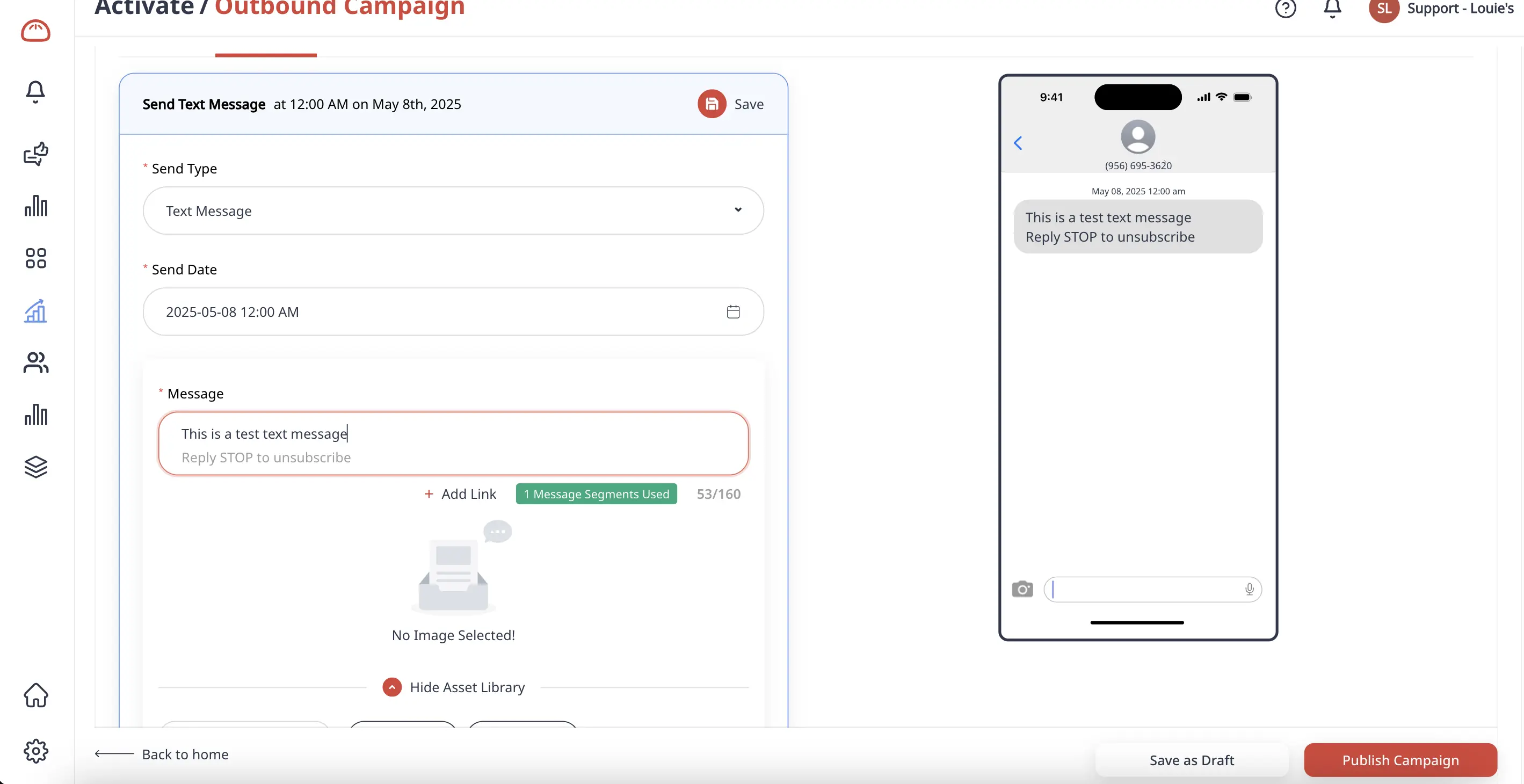 Screenshot of Momos campaign builder for customer messaging