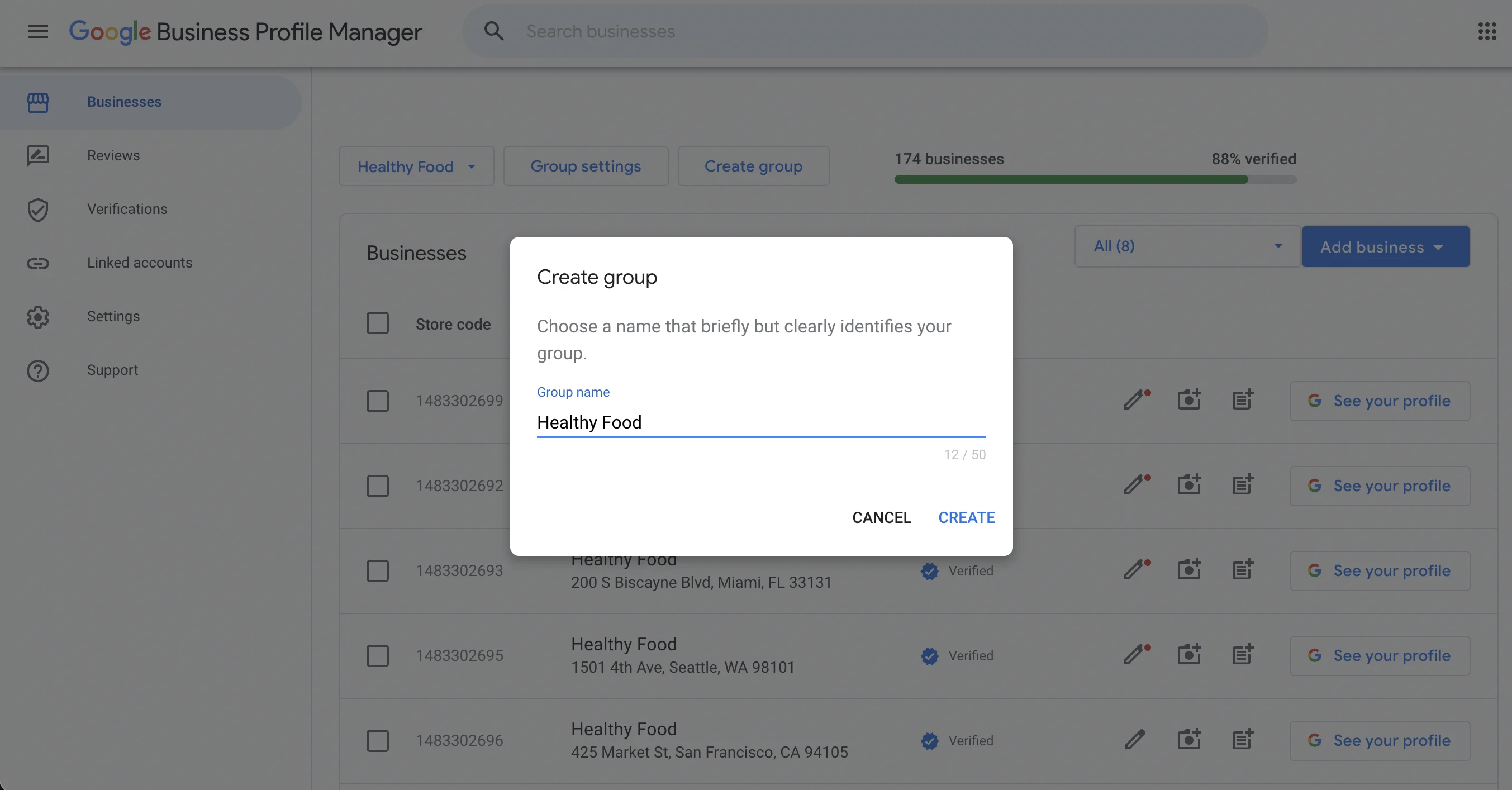 Google Business Profile Manager dialog to create a business group.