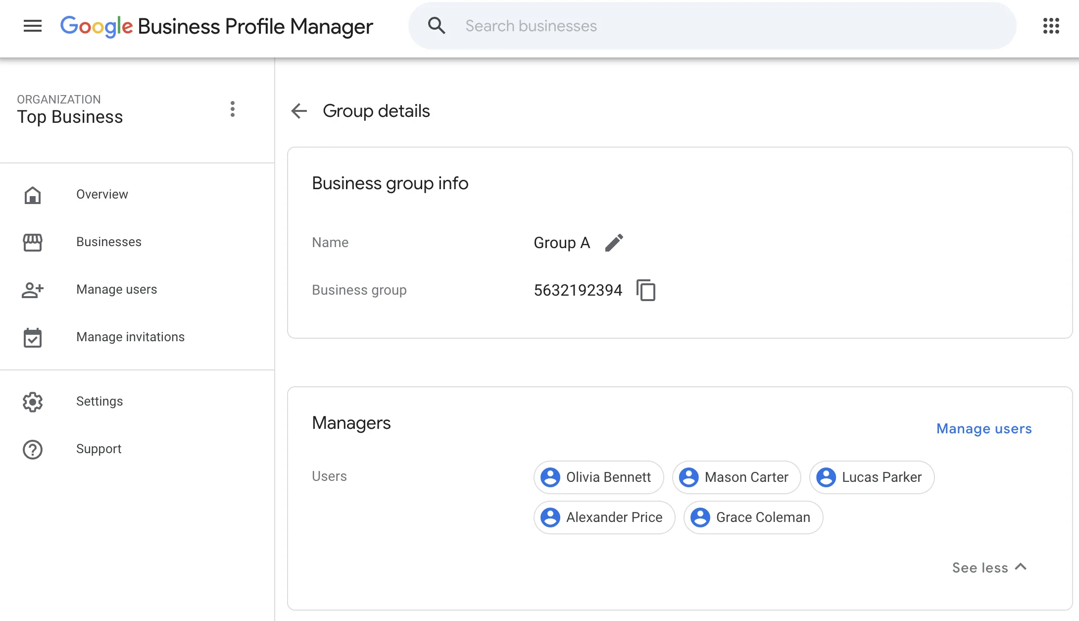 Google Business Profile Manager group details page showing group info and managers list.