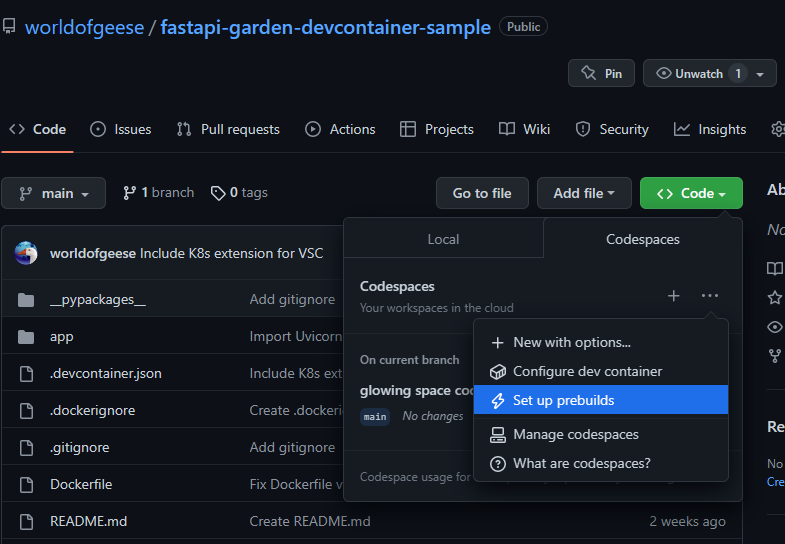 Turning on Codespaces prebuilds